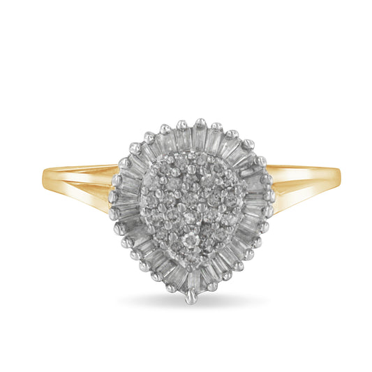 Anillo de cóctel de oro amarillo de 10 qt con forma de pera abombada y racimo pavé de diamantes redondos y talla baguette de 1/2 ct (color J-K, claridad I1-I2) - Talla 4-1/4