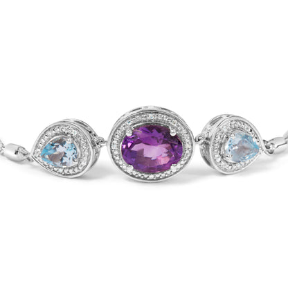 Pulsera de bolo ajustable de plata de ley .925 con amatista ovalada, topacio azul en forma de pera y acento de diamante de 4 a 10 pulgadas (color H-I, claridad SI1-SI2)