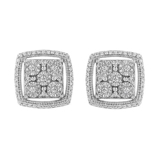 Pendientes de clúster de doble halo de diamantes redondos con engaste Miracle de 3/8 Cttw en plata de ley .925 (color I-J, claridad I2-I3)
