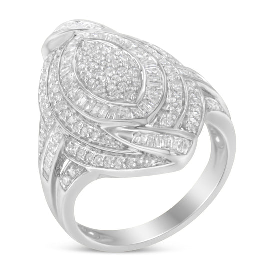 Anillo de cóctel de moda con nudo y racimo de diamantes en forma de marquesa con triple halo de plata de ley .925 y 1-1/8 Cttw (color I-J, claridad I2-I3) - Talla 6