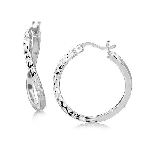 Pendientes de aro estilo torsión con baño de rodio de plata de ley y corte de diamante (20 mm)