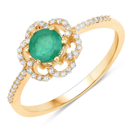 Anillo de oro amarillo de 14 quilates con esmeralda zambiana genuina de 0,55 quilates y diamante blanco