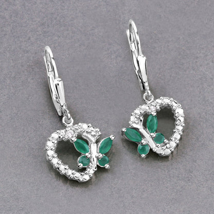 Pendientes de Plata de Ley .925 con Esmeralda Genuina de 0.44 Quilates y Zafiros Blancos Creados