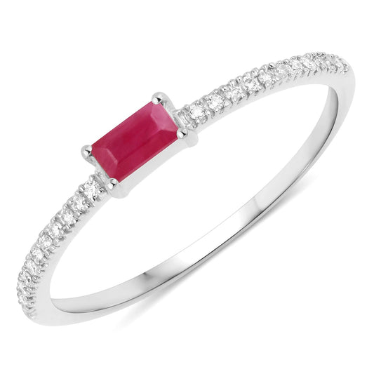 Anillo de oro blanco de 14 quilates con rubí auténtico de 0,22 quilates y diamante blanco