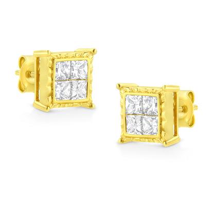 Pendientes de oro amarillo de 14 quilates, con 1.0 quilates de diamantes engastados invisibles corte princesa (8 piedras) (Color I-J, Claridad SI1-SI2)