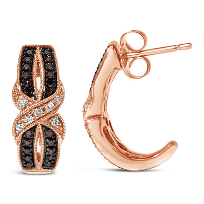 Pendientes de aro en J entrelazados con milgrain de oro rosa de 10K con diamantes blancos y marrones de 1/3 Cttw (color I-J, claridad I1-I2)