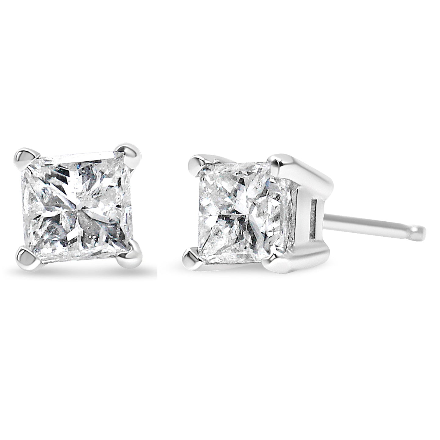 Pendientes de tuerca de oro blanco de 14k con certificación AGS, 1,0 Cttw, con diamante solitario talla princesa de 4 puntas y cierre a presión para mujer (color E-F, claridad I1-I2)