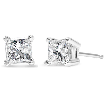 Pendientes de tuerca de oro blanco de 14k con certificación AGS, 1,0 Cttw, con diamante solitario talla princesa de 4 puntas y cierre a presión para mujer (color E-F, claridad I1-I2)