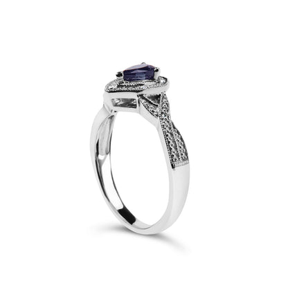 Anillo tipo halo de plata de ley .925 con gema de zafiro en forma de pera de 6x4 mm y acento de diamante (color H-I, claridad SI1-SI2) - Talla 7