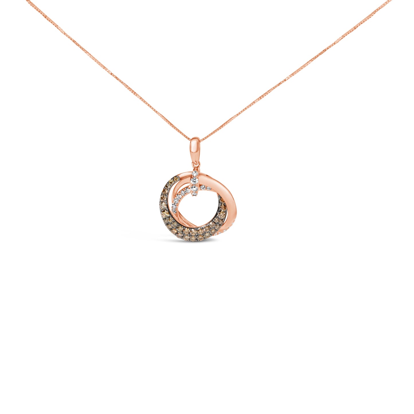 Collar con colgante de 18 pulgadas, aros entrelazados de oro rosa de 14K con diamantes marrones y blancos de 3/4 Cttw (color G-H, claridad SI2-I1)