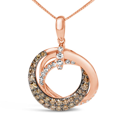 Collar con colgante de 18 pulgadas, aros entrelazados de oro rosa de 14K con diamantes marrones y blancos de 3/4 Cttw (color G-H, claridad SI2-I1)