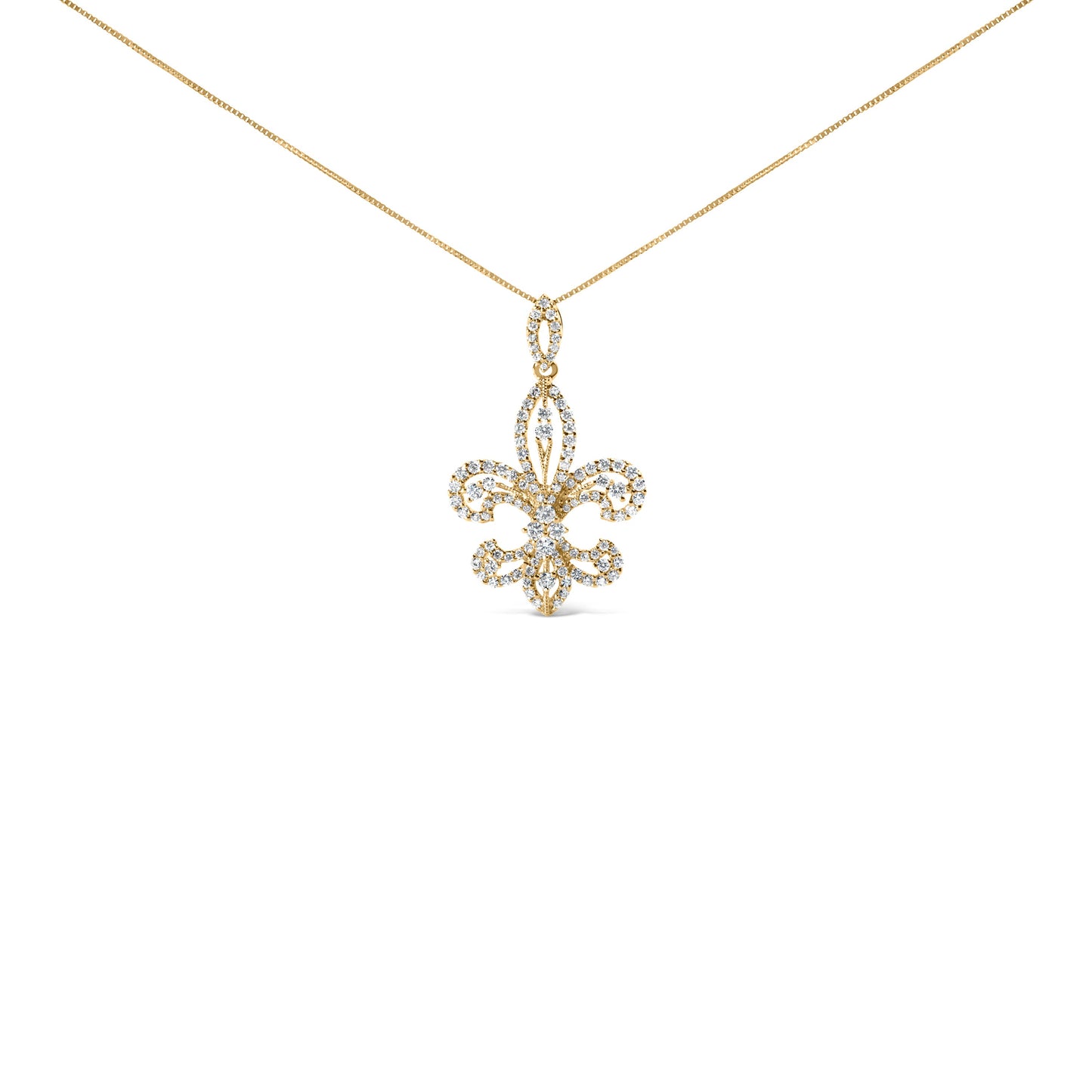 Collar con colgante de oro amarillo de 14K con diamante redondo de 1.00 Cttw en forma de flor de lis de 45,72 cm (color H-I, claridad SI2-I1)