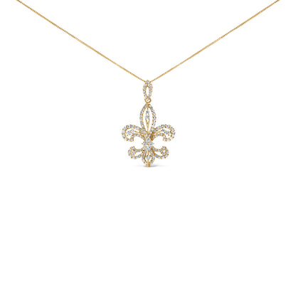 Collar con colgante de oro amarillo de 14K con diamante redondo de 1.00 Cttw en forma de flor de lis de 45,72 cm (color H-I, claridad SI2-I1)