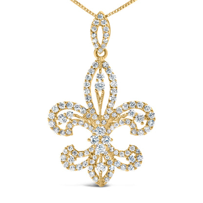 Collar con colgante de oro amarillo de 14K con diamante redondo de 1.00 Cttw en forma de flor de lis de 45,72 cm (color H-I, claridad SI2-I1)