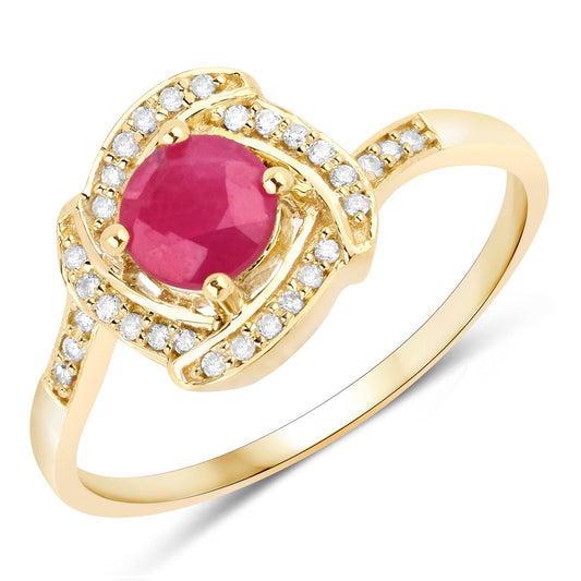 Anillo de oro amarillo de 14K con rubí genuino de 0,63 quilates y diamantes blancos