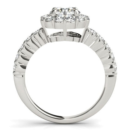 Anillo de compromiso de oro blanco de 14 quilates con diamantes de talla redonda con motivo floral (1 5/8 quilates en total)