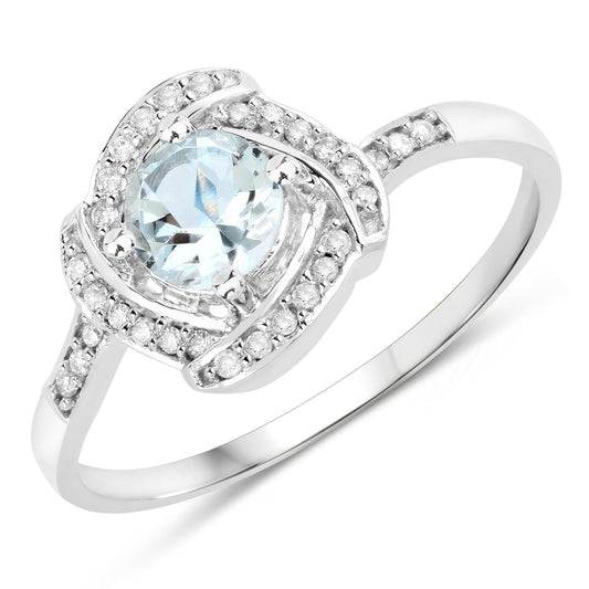 Anillo de oro blanco de 14K con aguamarina auténtica de 0,46 quilates y diamantes blancos