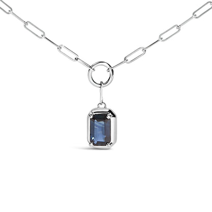 Collar con colgante solitario de zafiro azul corte esmeralda de 6x4 mm de oro blanco de 10K - 18 pulgadas