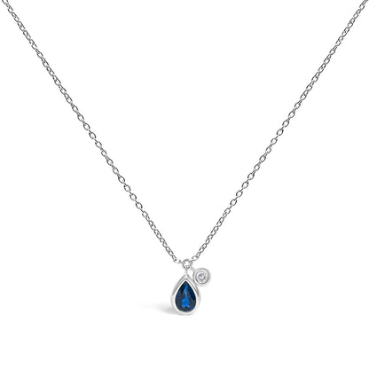 Collar con colgante de dije de zafiro azul pera de 6x4 mm y detalles de diamantes en oro blanco de 14 quilates - 18 pulgadas