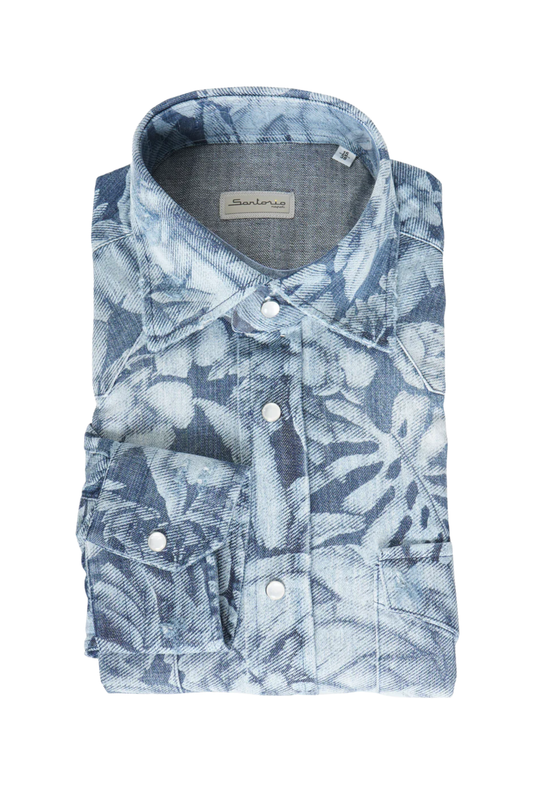Sartorio Floral Denim Snap Button Cotton Overshirt