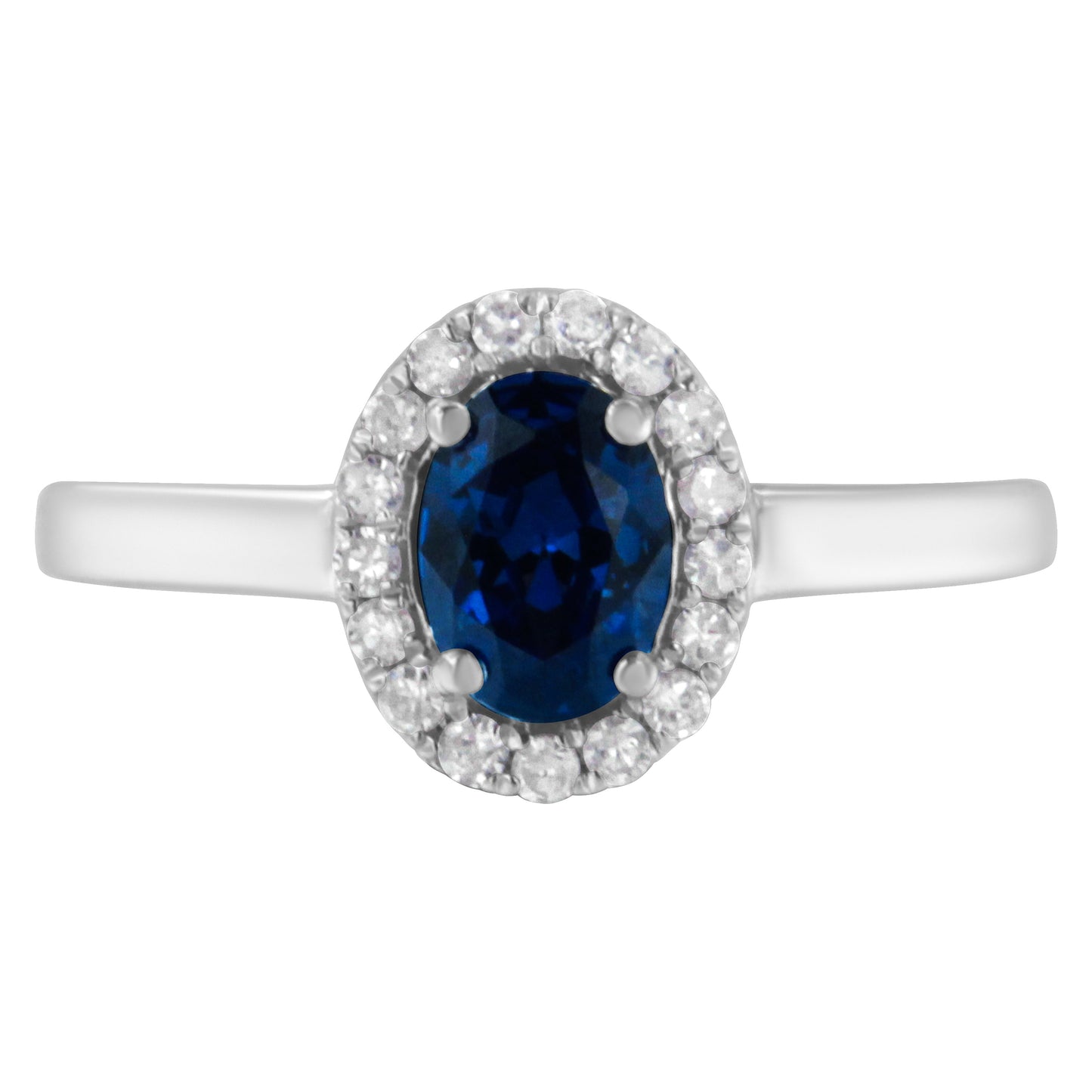 Anillo de cóctel de oro blanco de 10K, 1/5 quilates de diamante redondo y zafiro azul creado de 7MM engarzado con halo (color H-I, claridad I1-I2) - Talla 7