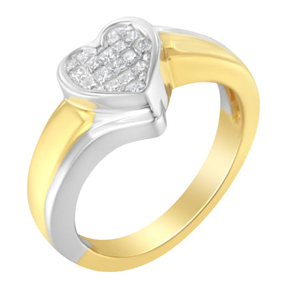 Anillo de promesa de corazón de oro de dos tonos de 14K con diamante de talla princesa (1/4 quilates en total, color H-I, claridad I1-I2) - Talla 6