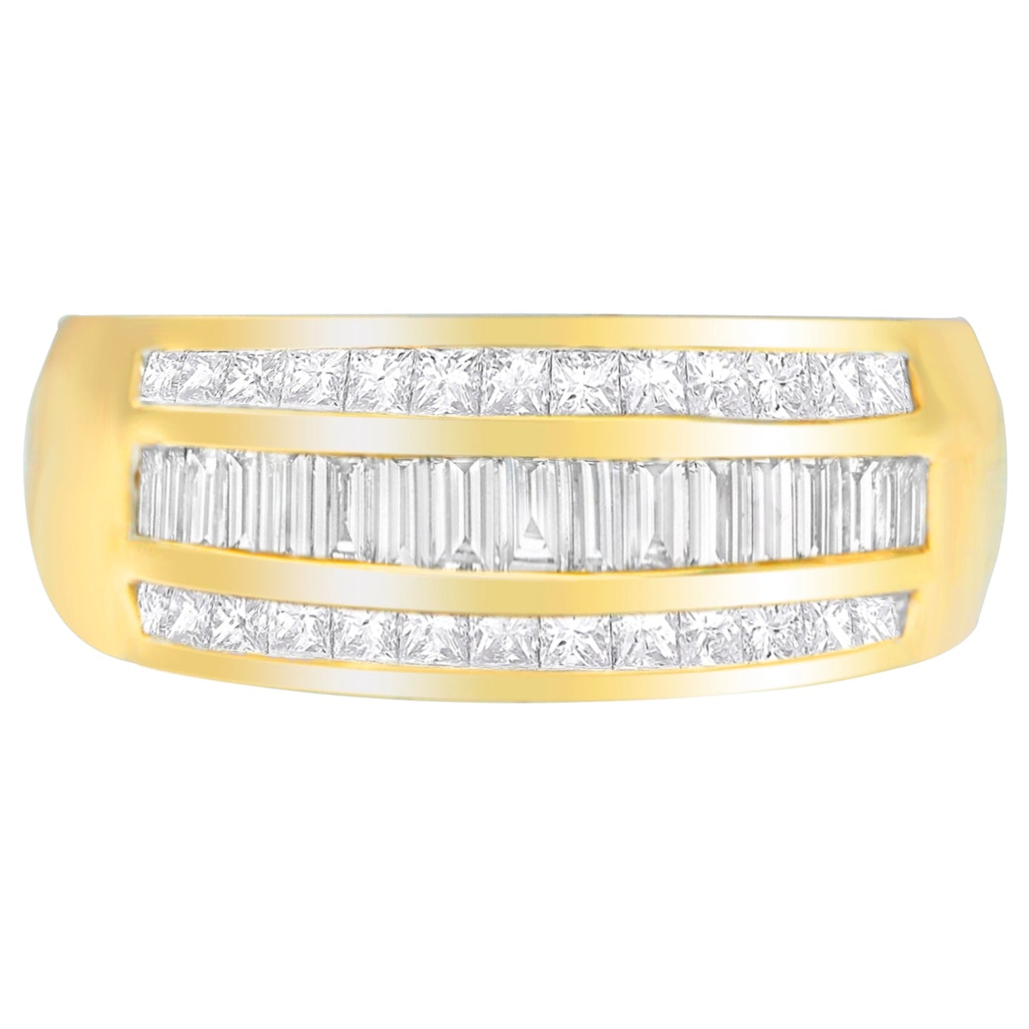 Anillo de oro amarillo de 14 quilates con diamantes talla princesa y baguette de 1 qt. peso total (H-I, SI1-SI2)