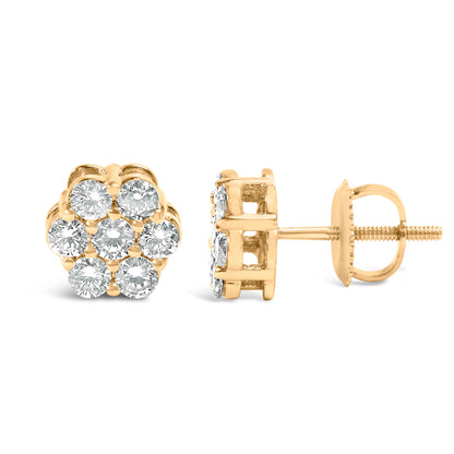 Pendientes de botón de oro amarillo de 14 quilates con grupo floral de 7 diamantes de talla redonda brillante de 3/4 Cttw con cierres de rosca (color I-J, claridad SI2-I1)