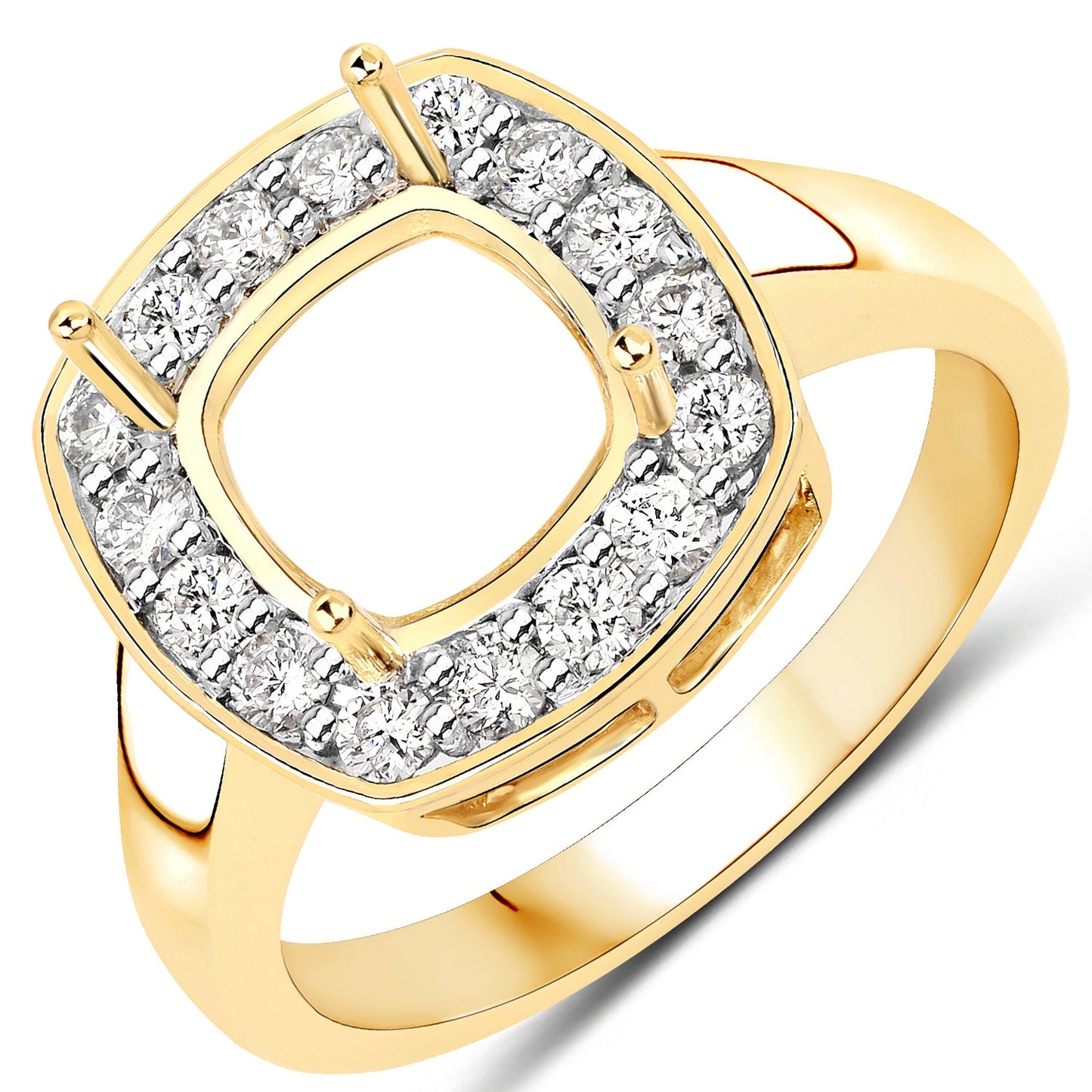 Anillo semimontado de oro amarillo de 14K con diamante blanco genuino de 0.48 quilates - para gema talla cojín de 8x8mm