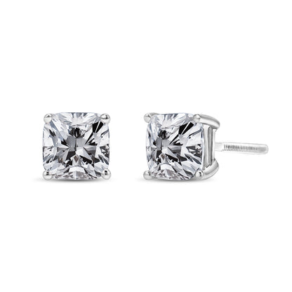 Pendientes de solitario con diamantes de talla princesa de 14 quilates de oro blanco y 1 1/2 quilates de peso total con claridad mejorada (color I-J, claridad I1-I2)