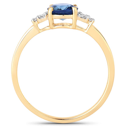 Anillo de oro amarillo de 14 quilates con zafiro azul genuino de 1,08 quilates y diamantes blancos
