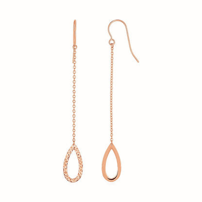 Pendientes colgantes largos con forma de pera texturizada en oro rosa de 14k
