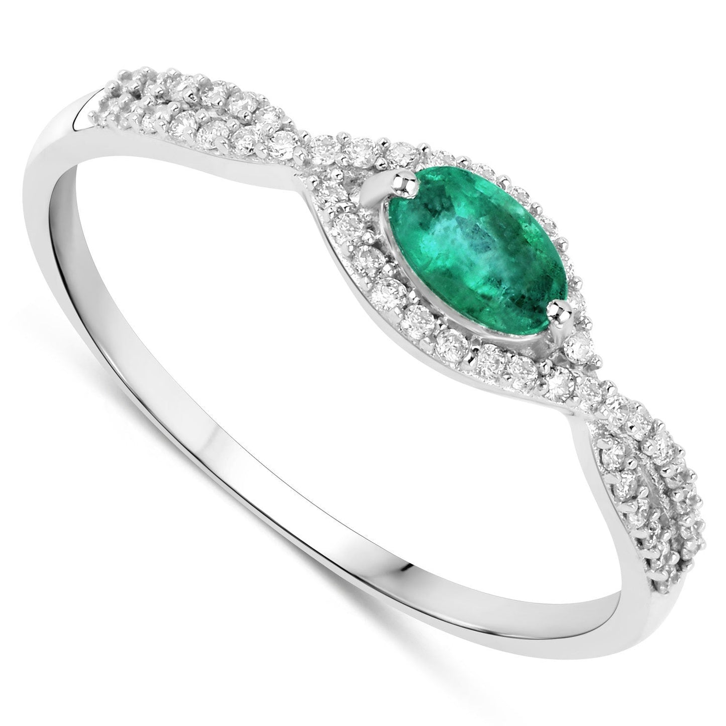 Anillo de oro blanco de 14K con esmeralda zambiana auténtica de 0,32 quilates y diamantes blancos