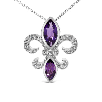 Collar con colgante de flor de lis de amatista morada marquesa y acento de diamante de plata de ley .925 (Color H-I, Claridad SI1-SI2) - Tamaño 18"