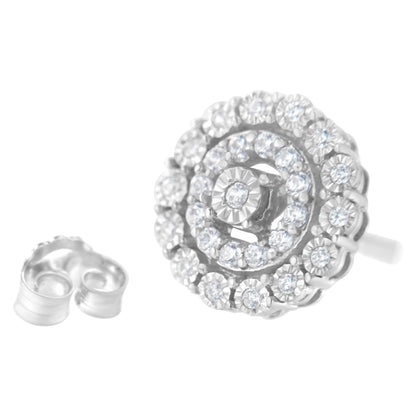 Pendientes de oro blanco de 10 quilates con doble halo de diamantes redondos talla brillante de 0,50 quilates en total (claridad I-J, color I2-I3)