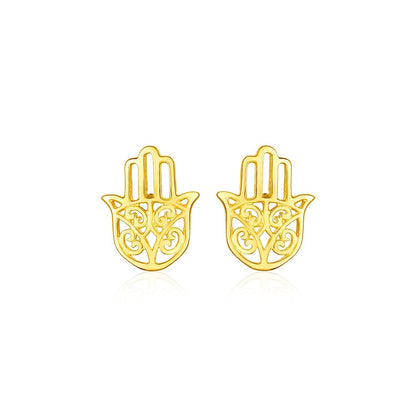 Pendientes de oro amarillo de 14k con poste y mano de Hamsa pulida