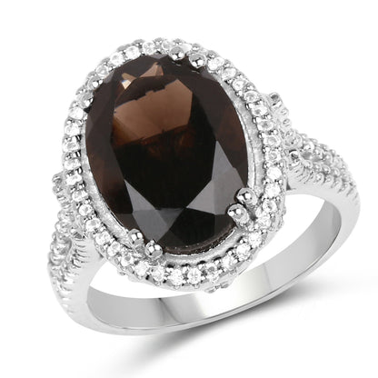 Anillo de plata de ley .925 con cuarzo ahumado genuino de 5,80 quilates y topacio blanco
