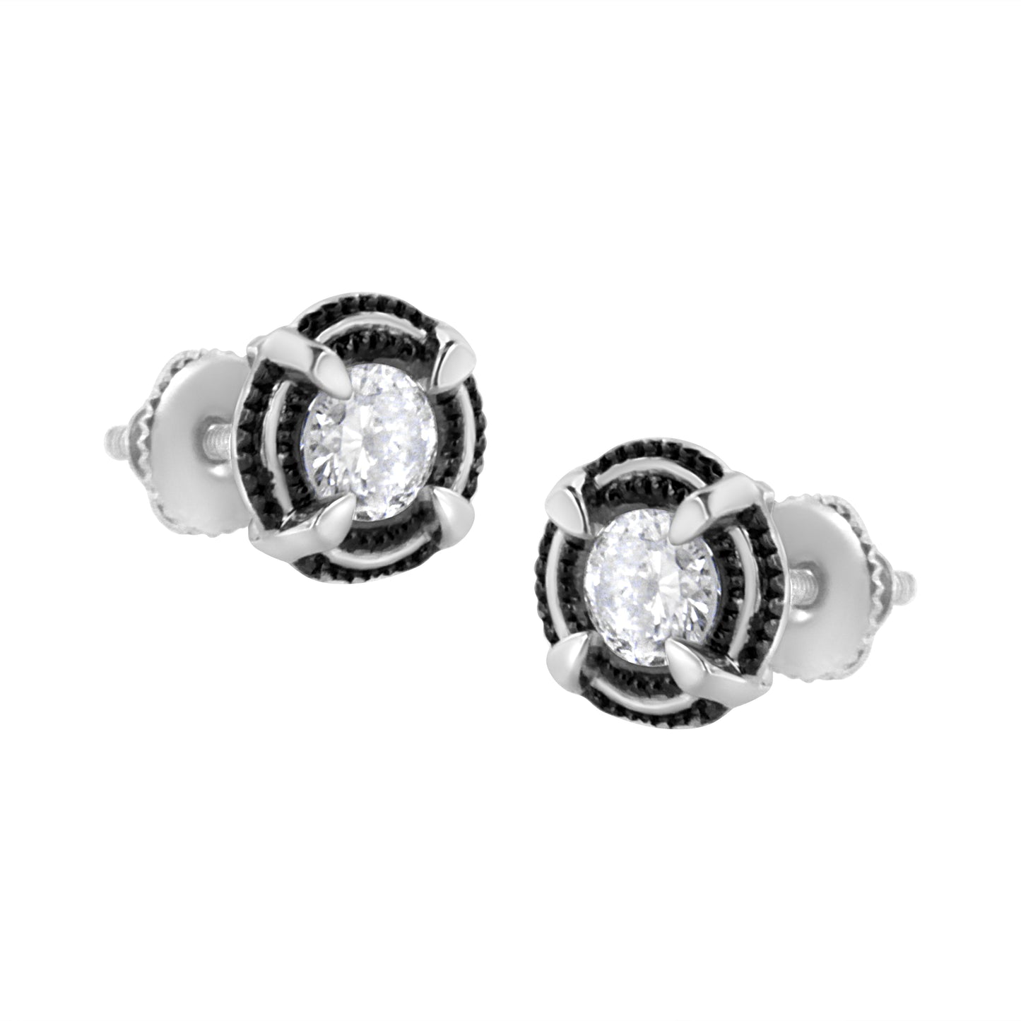 Pendientes de botón solitarios de doble halo de diamantes de 1-1/2 quilates de peso total, de plata de ley .925 bañada en rodio negro, con montura de 4 garras y milgrain (color H-I, claridad I2-I3)