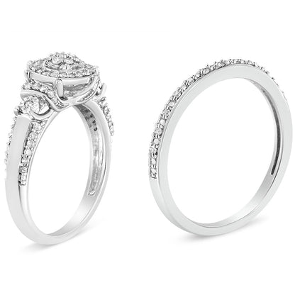 Anillo de compromiso y conjunto de alianzas de boda de plata de ley .925 con diamante de 1/3 Cttw de 7 piedras en racimo y halo (color I-J, claridad I1-I2) - Talla 7