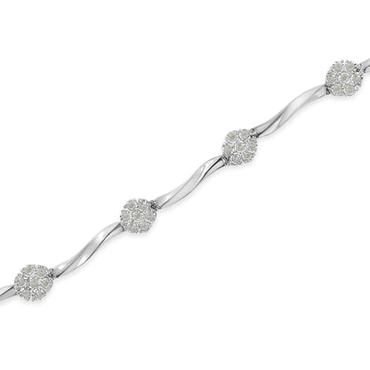 Pulsera de tenis de plata esterlina .925 con diseño de estación de diamantes en racimo de 1,0 Cttw con engaste milagroso y barra trenzada de 17,78 cm (color H-I, claridad I1-I2)