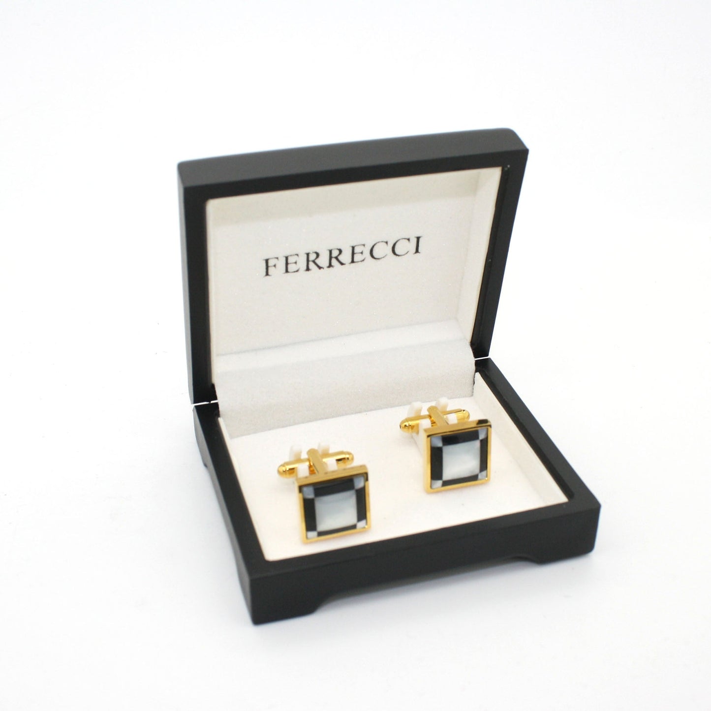Goldtone Black and White Square Cuff Links With Jewelry Box