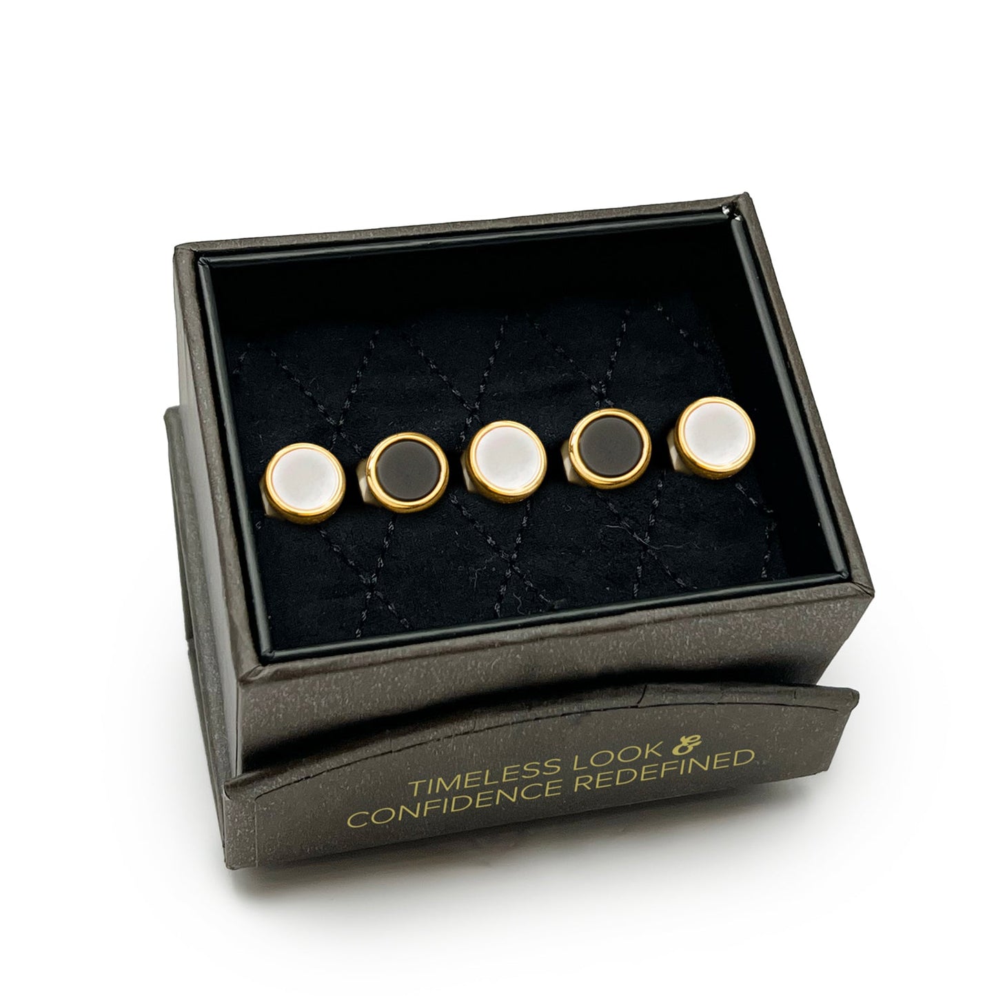 5 tachuelas redondas de ónix y nácar chapadas en oro de doble cara
