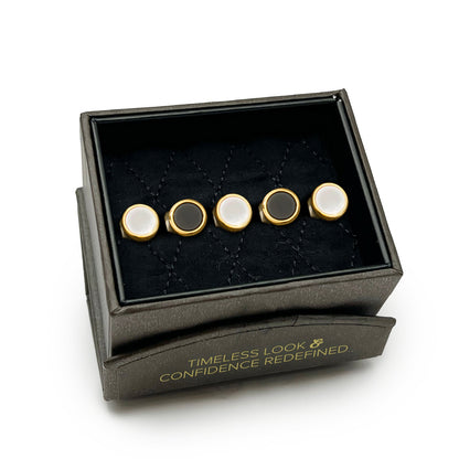 5 tachuelas redondas de ónix y nácar chapadas en oro de doble cara