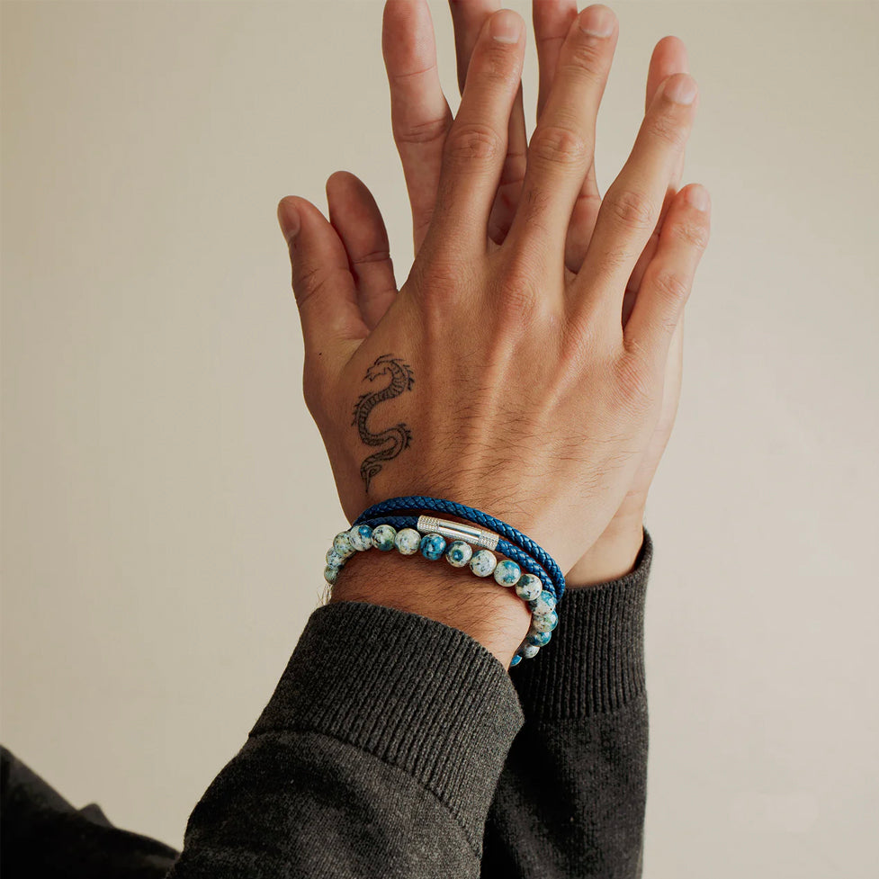 Lhasa Graffiato Beaded Bracelet in Rhodium Silver with Cream and Blue Azurite - My Men's Shop