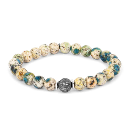 Lhasa Graffiato Beaded Bracelet in Rhodium Silver with Cream and Blue Azurite - My Men's Shop