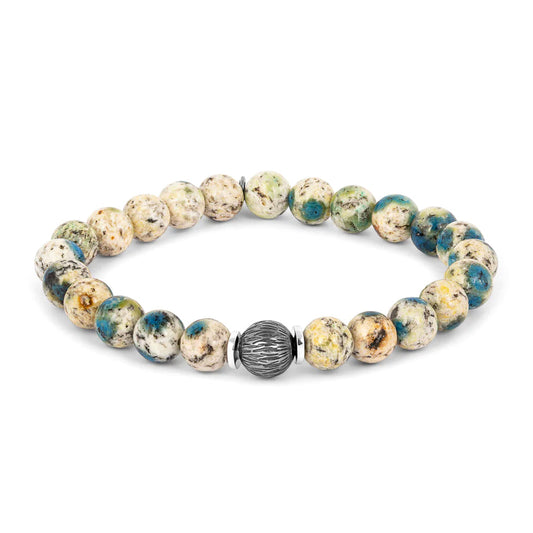 Lhasa Graffiato Beaded Bracelet in Rhodium Silver with Cream and Blue Azurite - My Men's Shop