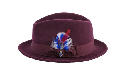 Ferrecci Brooks Trilby Soft 100% Australian Wool Felt Body with Removable Feather burgundy hat Great for Travel