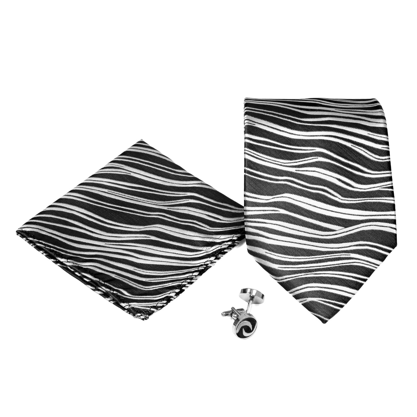 Men's Black-White Wavy Pattern Design 4-pc Necktie Box Set