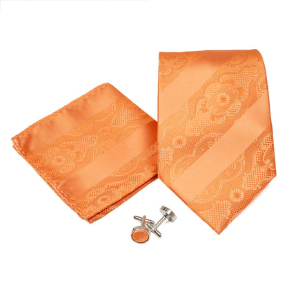 Men's Orange-Orange Striped Floral Pattern Design 4-pc Necktie Box Set