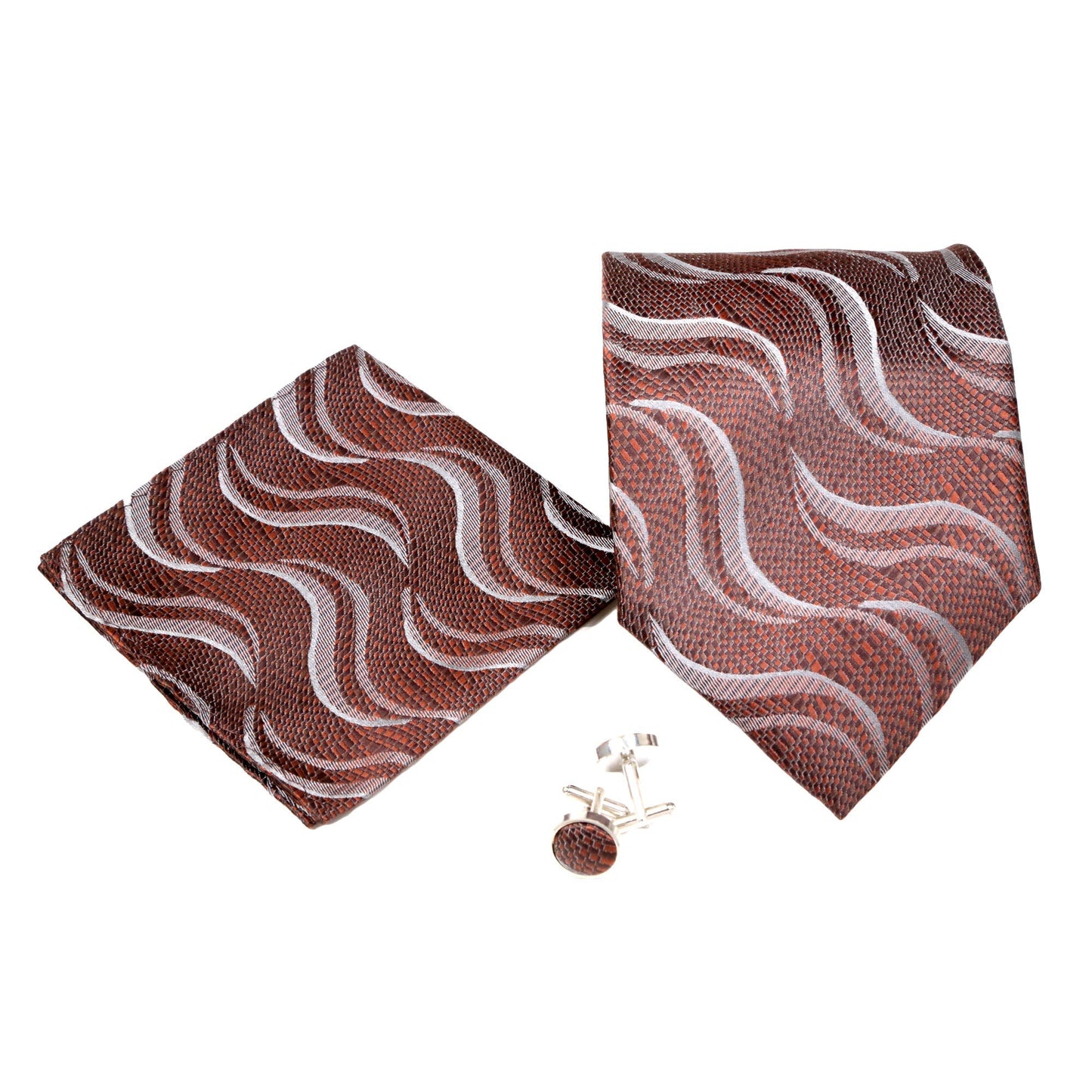 Men's Brown Wavy Geometric Pattern Design 4-pc Necktie Box Set